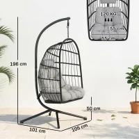 Outsunny Hangstoel met Standaard Opvouwbare Polyrattan Mand met Kussen Veiligheidsgordel Hoofdkussen Banden, Verstelbare Hoogte(m-3)