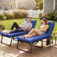 Outsunny Folding Sun Loungers for Garden Set of 2, 5-Position Oversized Camping Bed Recliner with Cushions, Blue(m-9)