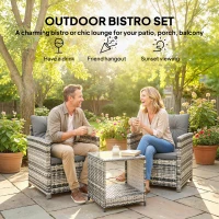 Outsunny Rattan Bistro Set, 3 Piece Garden Furniture Set with 2 Tier Glass Top Table and Cushions, Mixed Grey(m-4)
