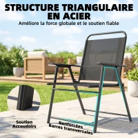 Outsunny Lot de 4 chaises de jardin pliantes avec accoudoirs, chaises d'extérieur avec assise large en textilène, noir(m-8)