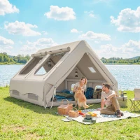 Outsunny Inflatable Camping Tent, 4 Season Hot Tent 10000mm Waterproof with Chimney Opening, Sky Light and Air Pump, Khaki(m-2)