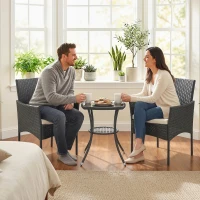 Outsunny 3 Piece Rattan Bistro Set, PE Wicker Garden Furniture Conversation Set with 2 Tier Glass-Top Table, Chairs, Cream White(m-9)