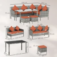Outsunny 6-Seater Rattan Dining Set Sofa Table Footstool Outdoor w/ Cushion Garden Furniture, Orange(m-3)