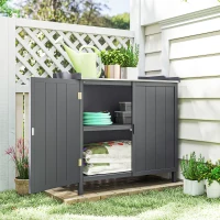 Outsunny Wood Garden Storage Cabinet, Outdoor Tool Shed, Potting Bench Table with galvanised Top and Two Shelves for garden Tools or Pool Accessories, Grey(m-9)