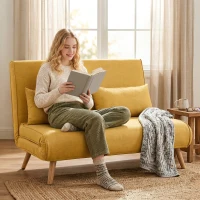 HOMCOM Sofá-Cama de 2 Lugares Dobrável Estofado em Linho com Encosto Ajustável em 5 Posições e 2 Almofadas Amarelo(m-7)