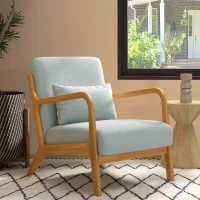 HOMCOM Fauteuil de salon avec cadre en bois massif fauteuil lounge - assise profonde - accoudoirs - lin synthétique gris clair(m-10)