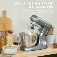 HOMCOM Robot pâtissier 1300 W, robot pétrin professionnel 4,5 L, bol d'acier inoxydable, 6+P vitesses et pulse, argent(m-4)