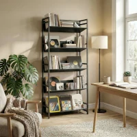 HOMCOM Bookshelf 5-Tier Metal Frame Bookcase Storage Shelves for Living Room Black(m-8)