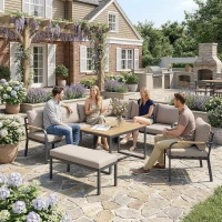 Outsunny Salon de Jardin 7 Pièces Ensemble Canapé d'Angle Extérieur Modulable avec Table en WPC et Pouf Beige et Gris(m-9)