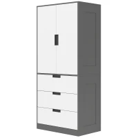 HOMCOM Armoire chambre penderie avec 2 portes à fermeture douce, 3 tiroirs et barre de suspension, 80x50x180cm, gris et blanc(m-1)