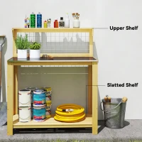 Outsunny Wooden Potting Bench Table with Aluminium Worktop, Outdoor Garden Workbench with 2 Shelves(m-5)