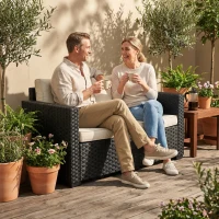 Outsunny 2 Seater Rattan Sofa, Outdoor Garden Sofa with Deep Seat, Cushions, Wide Armrests for Patio, Balcony, Porch, Black(m-2)