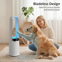 HOMCOM Ventilator de Podea Fără Pale pentru Dormitor, Silențios 36dB, cu Oscilație la 45°, Lumini LED, 3 Viteze, Temporizator 12H, Telecomandă, 94 cm, Alb(m-6)