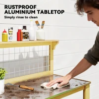 Outsunny Wooden Potting Bench Table with Aluminium Worktop, Outdoor Garden Workbench with 2 Shelves(m-4)