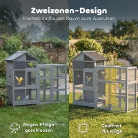 PawHut Voliere Vogelvoliere aus Holz mit 6 Sitzstangen Ablagefach herausziehbarer Schublade Edelstahlnäpfen 196x60x164,5cm Grau(m-4)