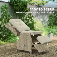 Outsunny Rattan Garden Recliner Chair, Reclining Garden Chair with Adjustable Back and Footrest, Flip Table, Cushion, Brown(m-9)