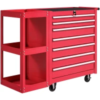 HOMCOM Carrinho de Ferramentas com 7 Gavetas Estante de 3 Níveis Removível Sistema de Fecho Central Asa 2 Rodas com Travão Vermelho(m-1)