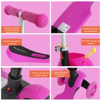 HOMCOM Trotinete 5 em 1 para Crianças com 3 Rodas Assento Removível e Guiador Ajustável Carga Máxima 50 kg 62x25x72,5 cm Rosa(m-6)
