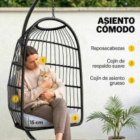 Outsunny Silla Colgante Huevo con Soporte Cesta Plegable Cojín Reposacabezas Altura Ajustable y Cuerda Carga 120 kg Gris Claro(m-6)