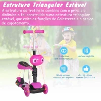 HOMCOM Trotinete 5 em 1 para Crianças com 3 Rodas Assento Removível e Guiador Ajustável Carga Máxima 50 kg 62x25x72,5 cm Rosa(m-5)