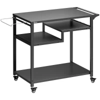 Outsunny Outdoor Grill Cart, Three-Tier Pizza Oven Stand  with Steel Tabletop, Hooks, Rubbish Bag Holder, Wheels, Black(m-1)