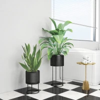 Outsunny Metal Plant Pots Set of 2 with Hollow Design Flower Planters for Garden Balcony Black(m-9)