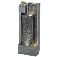 Outsunny Water Feature with LED Lights and Planter, 3-Tier Garden Water Fountain with Pump, Resin Waterfall Feature, Dark Grey(m-11)