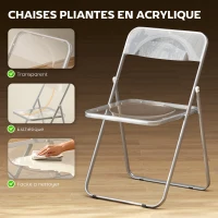 HOMCOM Lot de 4 chaises pliantes en acrylique et acier, chaises pliantes portables pour maison, salle à manger, transparentes(m-4)