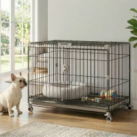PawHut Jaula Plegable para Perro, Bandeja Extraíble, Ruedas con Freno, Techo Abatible, Puerta para Alimentación, 75,5x46x64,5cm, Negro(m-6)