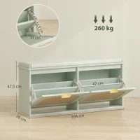 HOMCOM Bancă pentru încălțăminte, banc de depozitare, șezut căptușit, sertare rabatabile, ușă din ratan, 104 x 26 x 47,5 cm, verde(m-3)