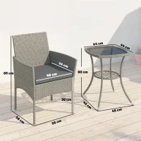 Outsunny 3 Piece Rattan Bistro Set, PE Wicker Garden Furniture Conversation Set with 2 Tier Glass-Top Table, Chairs, Dark Grey(m-3)