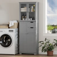 HOMCOM Meuble de salle de bain haut, meuble de rangement avec 4 portes dont 2 vitrées, 2 tiroirs et étagères réglables, gris(m-10)