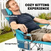 Outsunny Set of 2 Reclining Folding Camping Chair w/ Detachable Footrest, Storage Bag, Cup Holder & Headrest, Blue and Grey(m-5)