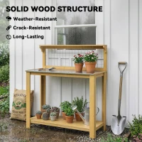 Outsunny Wooden Potting Bench Table with Aluminium Worktop, Outdoor Garden Workbench with 2 Shelves(m-7)