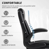 HOMCOM Fauteuil de bureau, chaise bureau ergonomique avec accoudoirs relevables, hauteur réglable, fonction de bascule, noir(m-5)