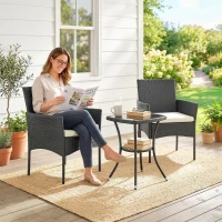 Outsunny 3 Piece Rattan Bistro Set, PE Wicker Garden Furniture Conversation Set with 2 Tier Glass-Top Table, Chairs, Cream White(m-2)