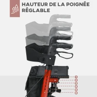 HOMCOM Déambulateur 4 Roues Pliable en Aluminium, Hauteur Réglable 6 Positions, Freins Doubles, Rangement, 64x67x92cm, Rouge(m-7)