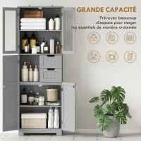 HOMCOM Meuble de salle de bain haut, meuble de rangement avec 4 portes dont 2 vitrées, 2 tiroirs et étagères réglables, gris(m-4)