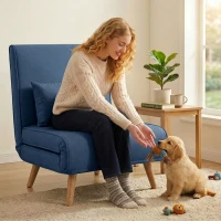 HOMCOM Sofá Cama Individual Plegable con Respaldo Ajustable 5 Posiciones Sillón Cama Tapizado con Cojín 72x75x85 cm Azul(m-7)