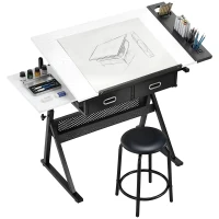 HOMCOM Table à dessin avec tabouret et 2 tiroirs, hauteur réglable, plateau inclinable 0° à 60°, 120 x 60 x 68-92 cm, blanc(m-1)