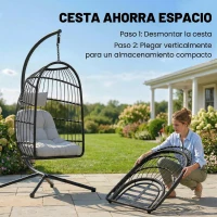 Outsunny Silla Colgante Huevo con Soporte Cesta Plegable Cojín Reposacabezas Altura Ajustable y Cuerda Carga 120 kg Gris Claro(m-5)