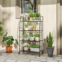 Outsunny 4-Tier Metal Plant Stand, Heavy Duty Ladder Shelf Potted Plants Display Rack with Lockable Wheels(m-2)