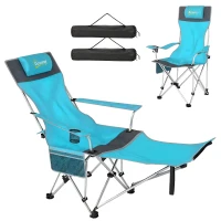 Outsunny Set of 2 Reclining Folding Camping Chair w/ Detachable Footrest, Storage Bag, Cup Holder & Headrest, Blue and Grey(m-11)