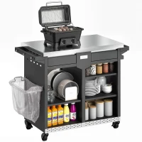 Outsunny Grillwagen 5-Etagen Grilltisch mit Edelstahl Arbeitsfläche verstellbar Regale Schublade Rollen Gewürzhalter Müllständer(m-11)