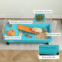 PawHut Jaula para Animales Pequeños con Ruedas Botella Comedero Dispensador de Heno para Conejos y Cobayas 89x44x43 cm Azul(m-6)