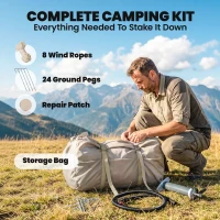 Outsunny Inflatable Camping Tent, 4 Season Hot Tent 10000mm Waterproof with Chimney Opening, Sky Light and Air Pump, Khaki(m-9)