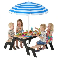 AIYAPLAY Masă de picnic pentru copii cu parasolar, set de grădină din lemn 3 în 1 pentru copii 3-6 ani cu 2 cutii, natural(m-7)