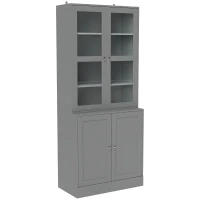 HOMCOM Bibliothèque vitrine, meuble de rangement à 6 niveaux avec 4 portes dont 2 en verre trempé, étagères réglables, gris(m-12)