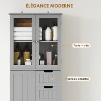 HOMCOM Meuble de salle de bain haut, meuble de rangement avec 4 portes dont 2 vitrées, 2 tiroirs et étagères réglables, gris(m-6)