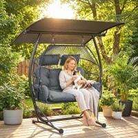 Outsunny Double Hanging Egg Chair with Canopy, Rattan Garden Egg Swing Chair with Cushion, Stand for Indoor Outdoor, Dark Grey(m-2)